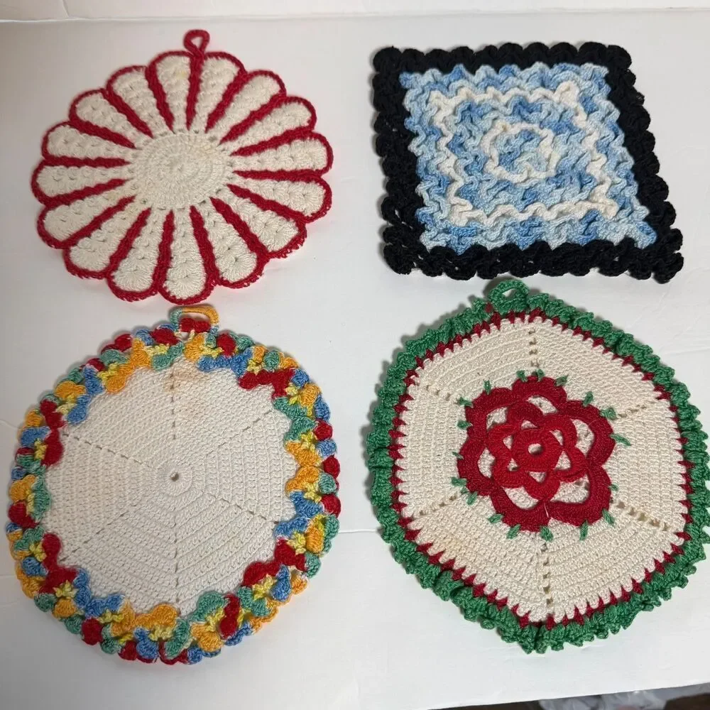 Vintage Handmade Crocheted Potholders Trivets Lot of 9 Floral Retro Kitchen Deco
